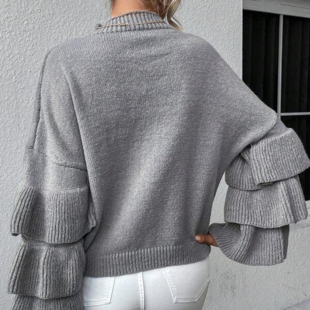 Dark Gray Layer Sleeve Ruffle Pullover Sweater - Picture 4 of 4